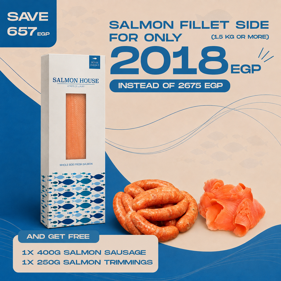 1 Salmon Fillet Side  (Weight: 1.5 KG or More) FREE 400g Salmon Sausage 250g Salmon Trimmings ONLY EGP 2,018  Instead of EGP 2,675