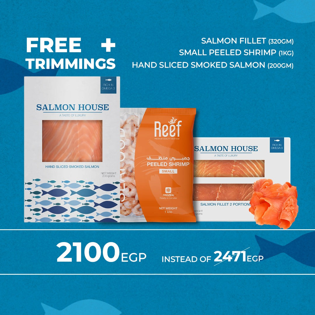 320g Salmon Fillet 200g+ hand sliced smoked Salmon 1kg+ Small Peeled Shrimp +FREE Trimmings Pack