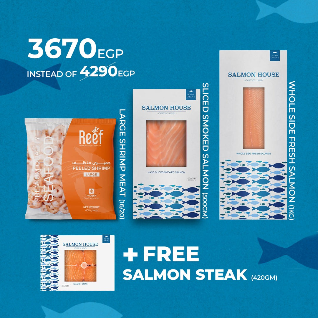 1kg Large Shrimp 1 whole Side fresh Fillet 500g +  Smoked Salmon + a FREE 420g Salmon Steak Pack
