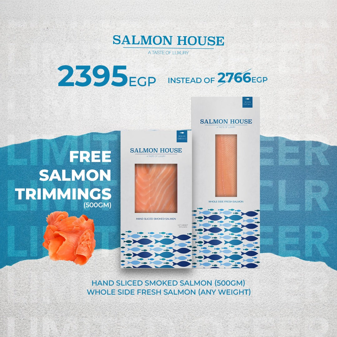 Whole Side Fresh salmon (various weights) + 500g Hand sliced smoked salmon + FREE 500g Trimmings Pack
