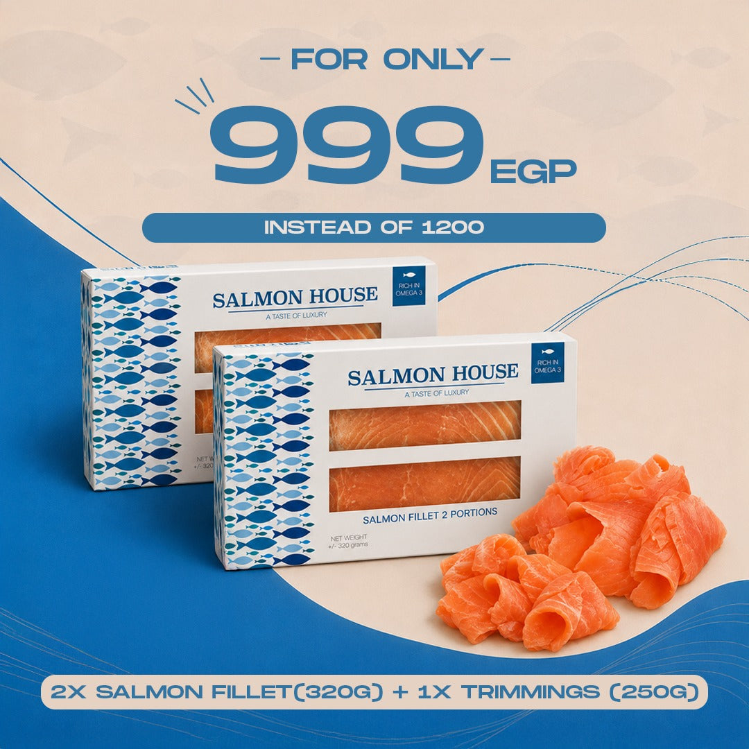 2 Salmon Fillet Packs (320g each)+ 1 Salmon Trimmings Pack (250g)