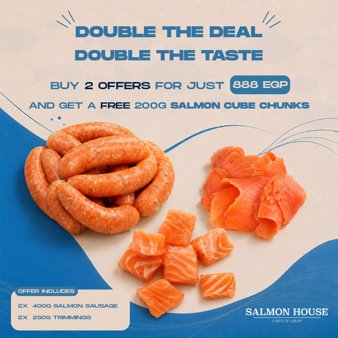2*400g Salmon Sausage 2*250g Trimmings Free Gift: 300g Salmon Cube Chunks