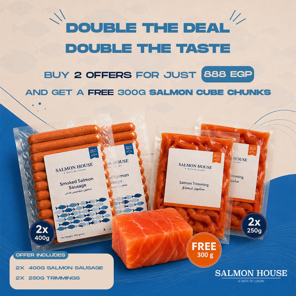 2*400g Salmon Sausage 2*250g Trimmings Free Gift: 300g Salmon Cube Chunks